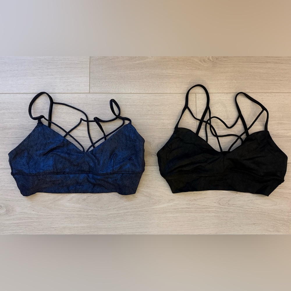 Alo Black and Blue metallic Strappy sport bralettes
